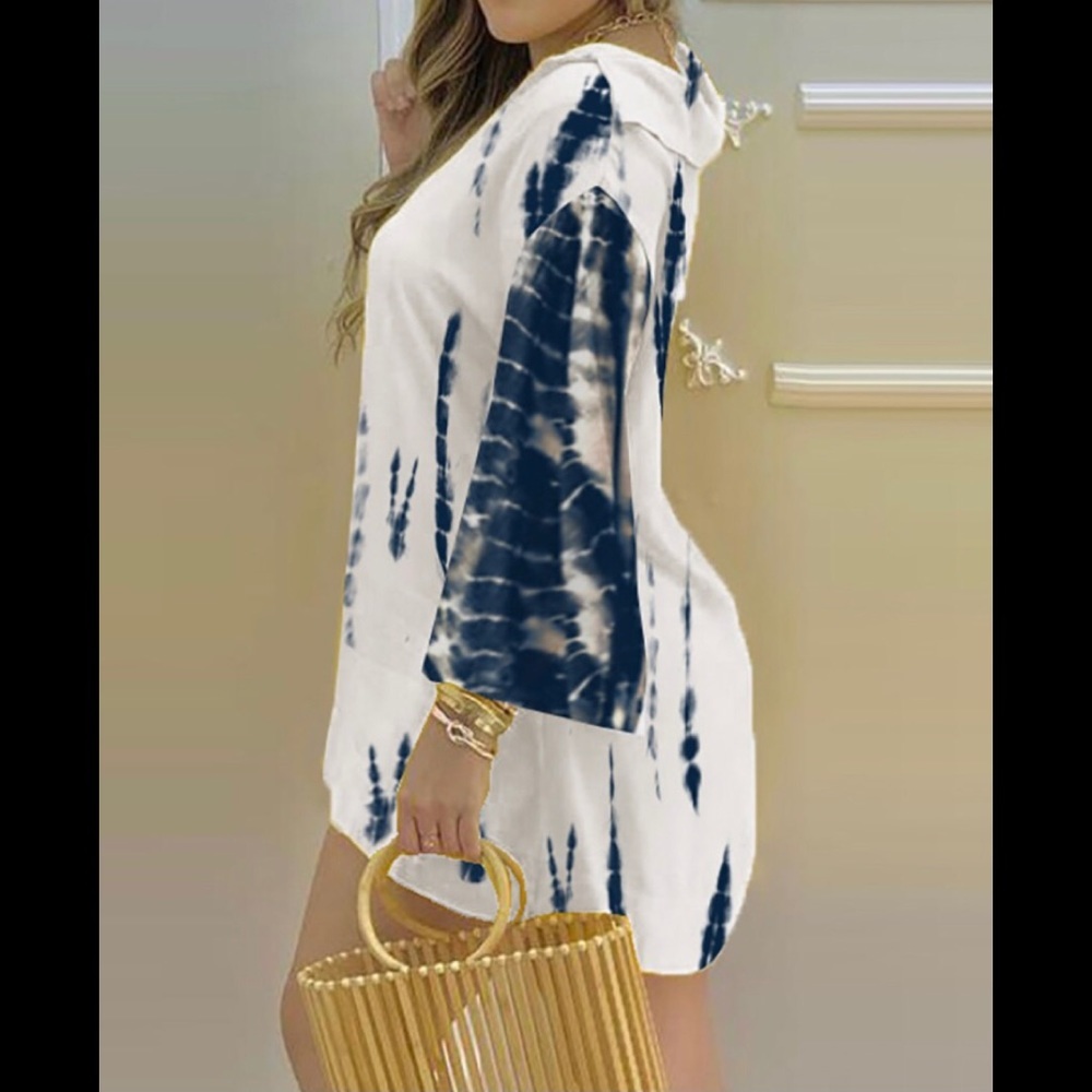 - Blue/white Tie dye V neck bell sleeve top & shorts